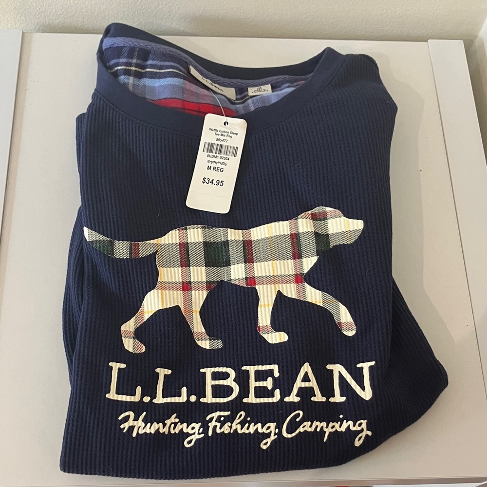 L.L. Bean Navy Waffle Thermal with Plaid Dog Graphic